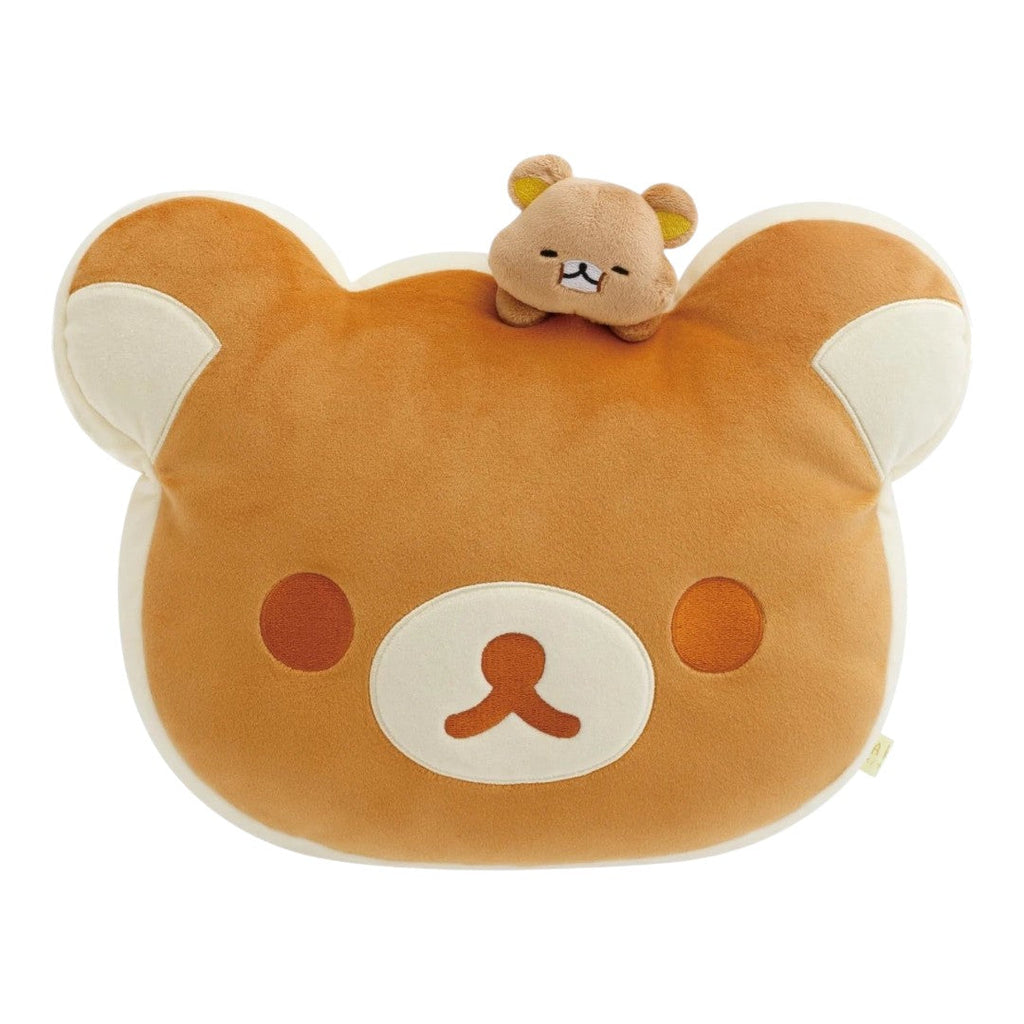 Twinkle Glory San-X Rilakkuma super mochi mochi plush pillow in tan and cream with a small bear topper