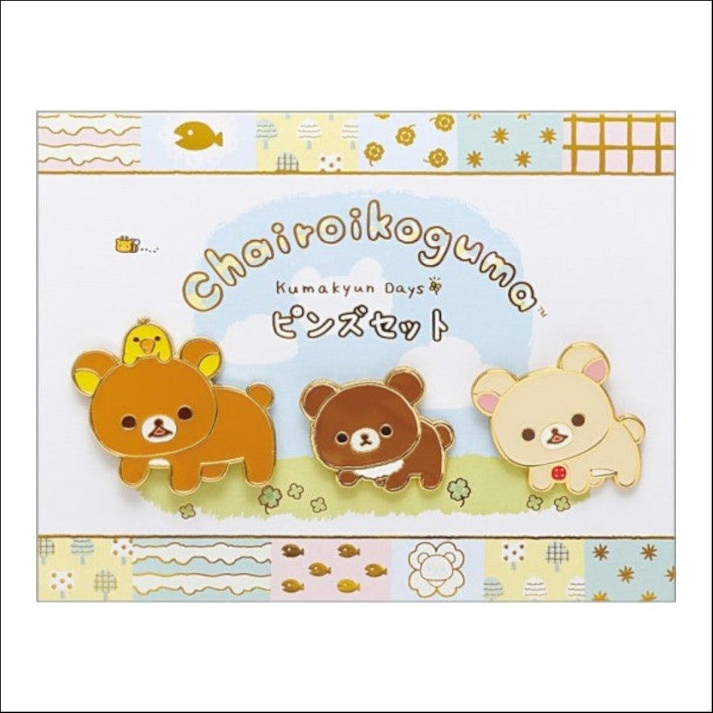 Twinkle Glory San-X Rilakkuma Chairoikoguma's Kumakyun Days set of three metal character pin badges on display card