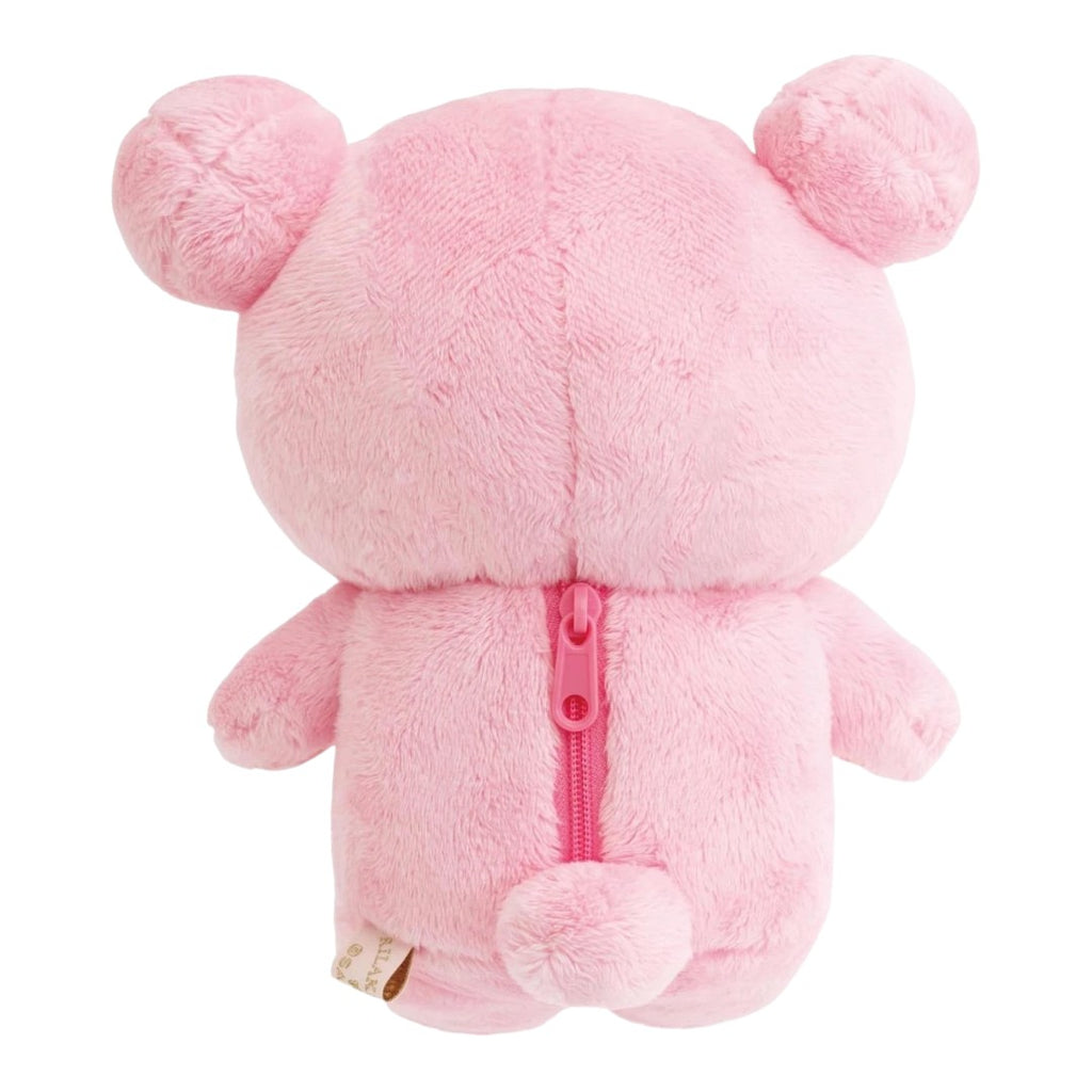 Back view of Twinkle Glory San-X Rilakkuma cherry blossom pink plush toy with a visible zipper detail
