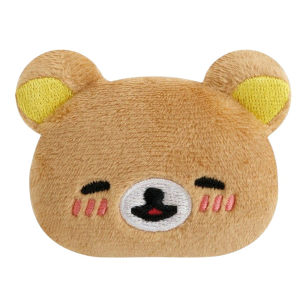 Twinkle Glory San-X Rilakkuma plush badge featuring a soft brown bear face with a blushing smiling expression