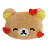Twinkle Glory San-X Rilakkuma plush badge featuring a brown bear face with red heart accents and a pin-back clip.