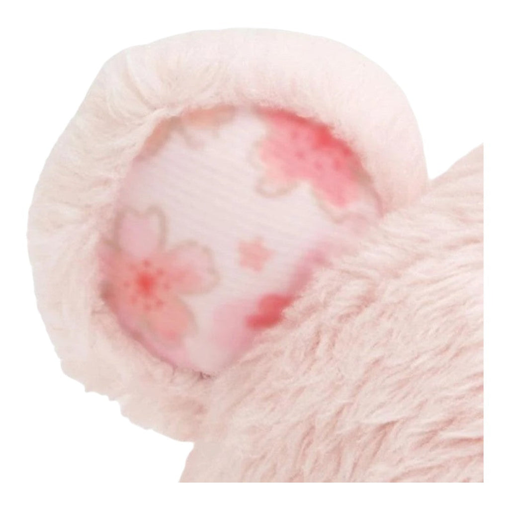 Twinkle Glory San-X Rilakkuma plush keychain ear detail with soft pink faux fur and cherry blossom patterned fabric