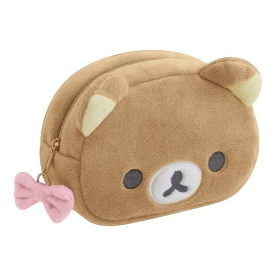Twinkle Glory Rilakkuma plush pouch in brown polyester with a cute pink bow zipper pull and built-in mirror.