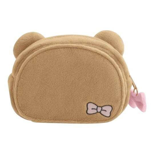 Twinkle Glory San-X Rilakkuma plush pouch in brown polyester with a cute bow detail and built-in mirror.