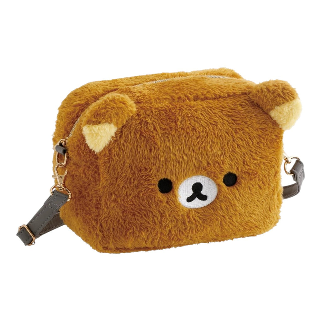 Twinkle Glory Rilakkuma plush shoulder bag in brown with embroidered face details and adjustable grey strap