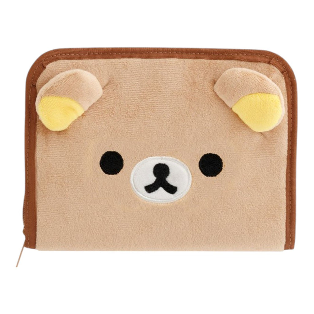 Twinkle Glory San-X Rilakkuma plush travel wallet in tan polyester with cute bear face and yellow ear details