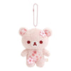 Twinkle Glory San-X Rilakkuma plush keychain in soft pink with cherry blossom sakura flower details and metal clip