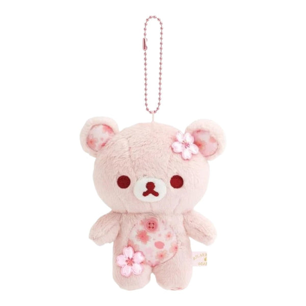 Twinkle Glory San-X Rilakkuma plush keychain in soft pink with cherry blossom sakura flower details and metal clip
