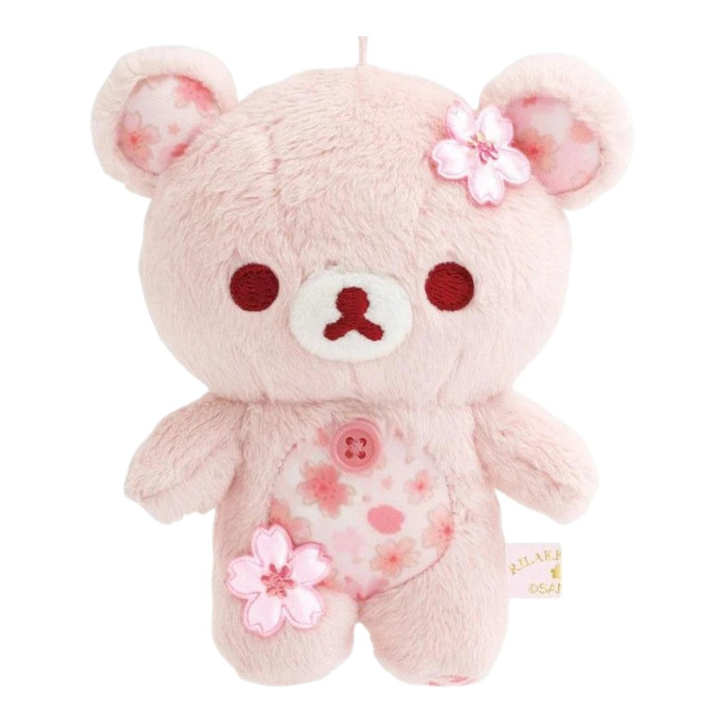 Twinkle Glory San-X Rilakkuma plush keychain in soft pink with cherry blossom sakura patterns and flower accents