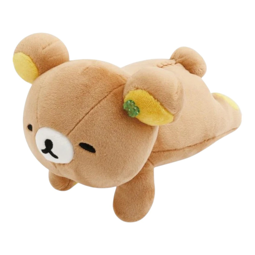 Twinkle Glory 19cm Rilakkuma plush toy with a sleepy face, soft brown polyester fabric, and yellow ear accents.