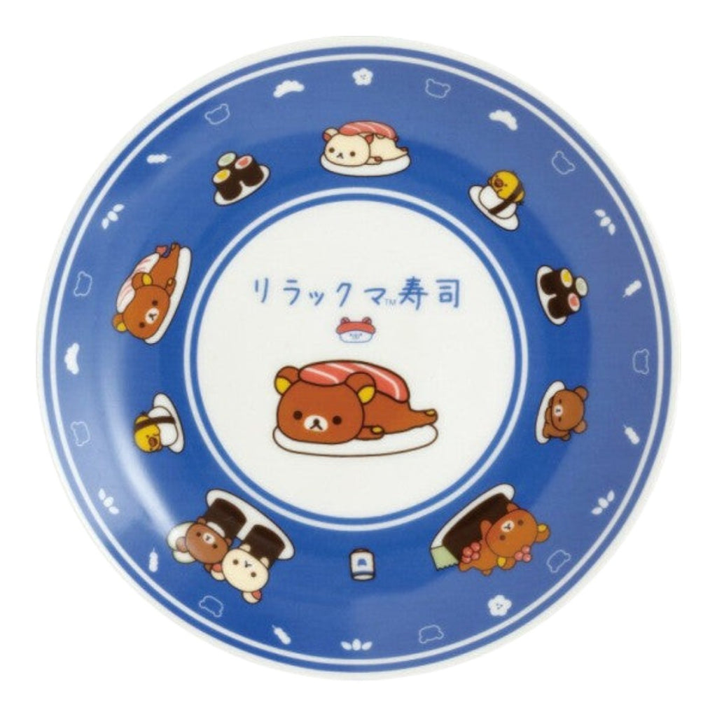 Twinkle Glory San-X Rilakkuma Anytime Sushi blue porcelain plate featuring cute character illustrations