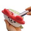 Twinkle Glory San-X Rilakkuma tuna sushi plush pouch with carabiner being opened to store a small item