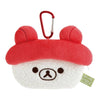 Twinkle Glory San-X Rilakkuma plush tuna sushi mini pouch with a red carabiner clip for bags and keys