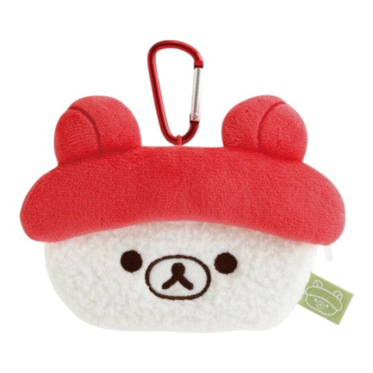 Twinkle Glory San-X Rilakkuma plush tuna sushi mini pouch with a red carabiner clip for bags and keys