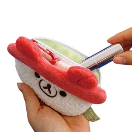 Twinkle Glory San-X Rilakkuma tuna sushi plush pouch with carabiner being opened to store a small item