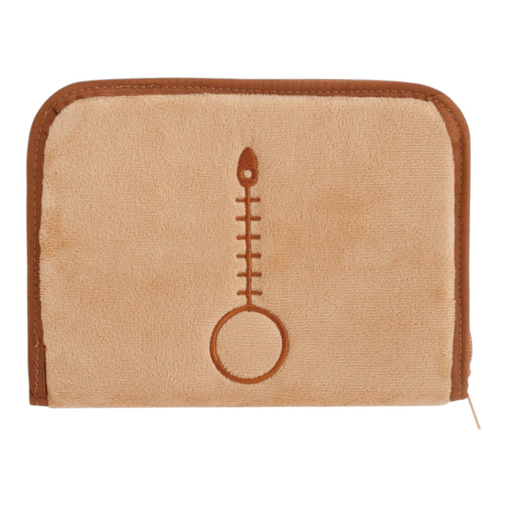 Twinkle Glory San-X Rilakkuma travel wallet in soft tan polyester with a brown fish bone embroidery detail