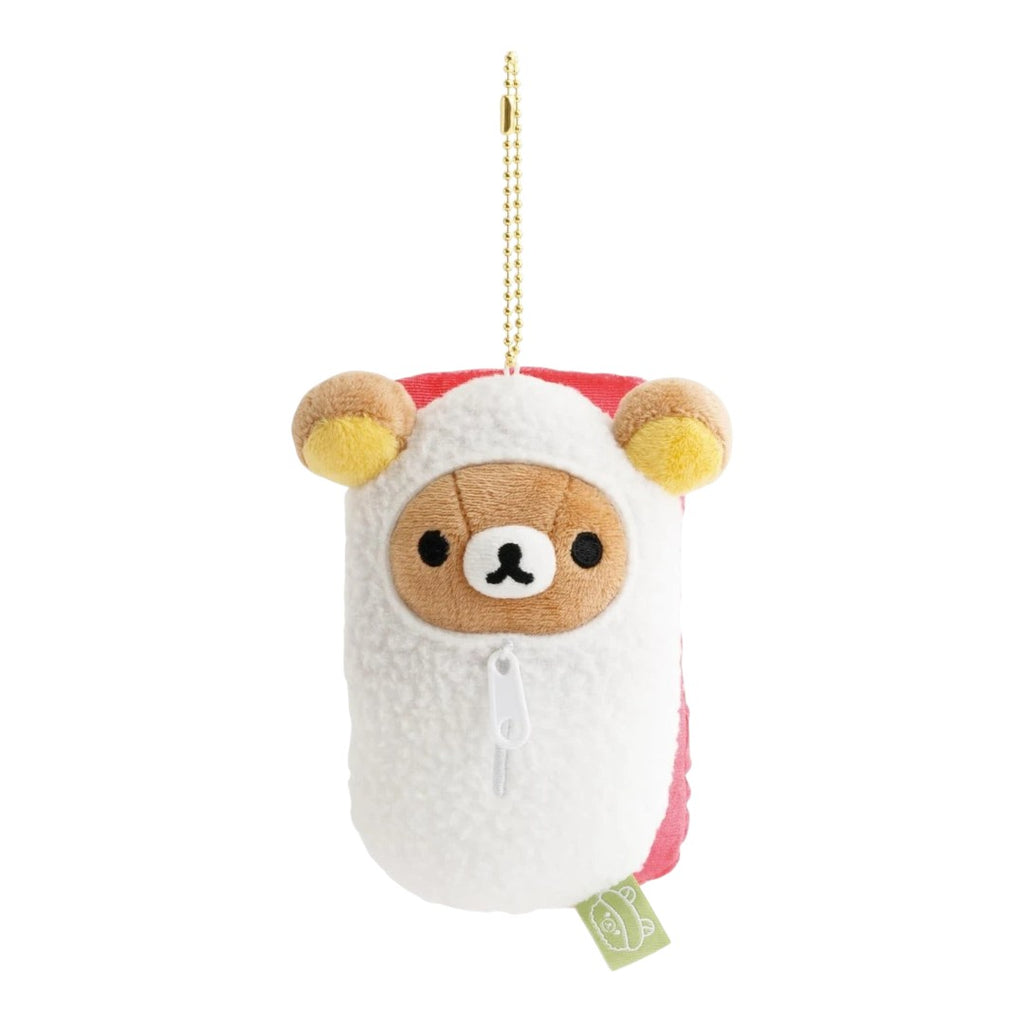 Twinkle Glory Rilakkuma plush keychain featuring a brown bear in a white sherpa tuna sushi costume with gold chain