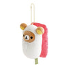Twinkle Glory Rilakkuma plush keychain featuring a brown bear in a white sherpa tuna sushi costume with gold chain