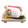 Twinkle Glory Rilakkuma plush keychain shaped like a tuna sushi roll with a white sherpa sleeping bag and gold chain.