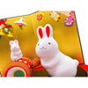 Twinkle Glory Ryukodo ceramic zodiac rabbit figurines with a lucky gavel and decorative gold folding screen background.