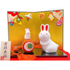 Twinkle Glory Ryukodo ceramic zodiac rabbit figurines with a lucky gavel and gold folding screen display set.