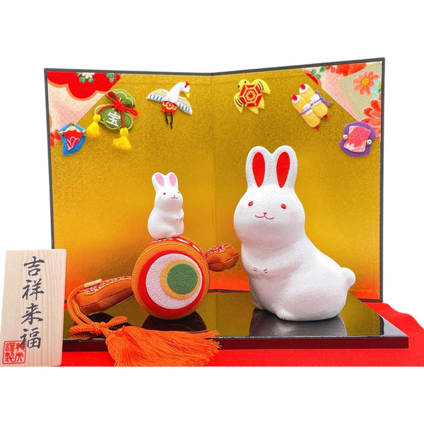 Twinkle Glory Ryukodo ceramic zodiac rabbit figurines with a lucky gavel and gold folding screen display set.