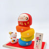 Twinkle Glory Ryukodo porcelain lucky cat and colorful Daruma Otoshi stacking game set with wooden sign and red cloth