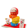 Twinkle Glory Ryukodo porcelain lucky cat and colorful Daruma Otoshi stacking game set with wooden sign and red cloth