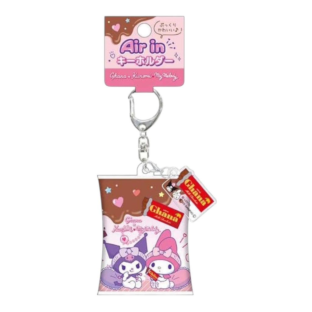 Twinkle Glory Sanrio Characters keychain featuring Kuromi and My Melody with Ghana chocolate design in PVC material.