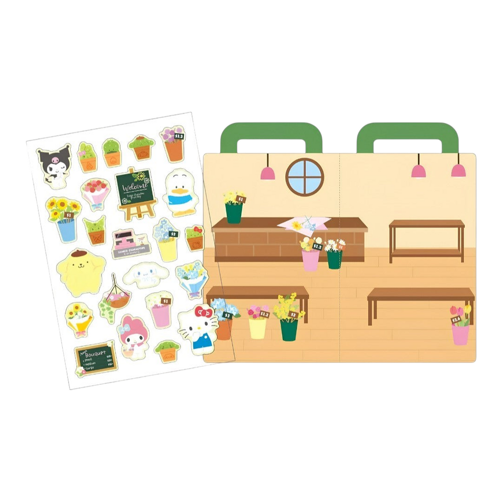 Twinkle Glory Sanrio Characters Enjoy Sticker Set featuring Hello Kitty, My Melody, Kuromi, Pompompurin, Cinnamoroll, and Hangyodon with floral designs.