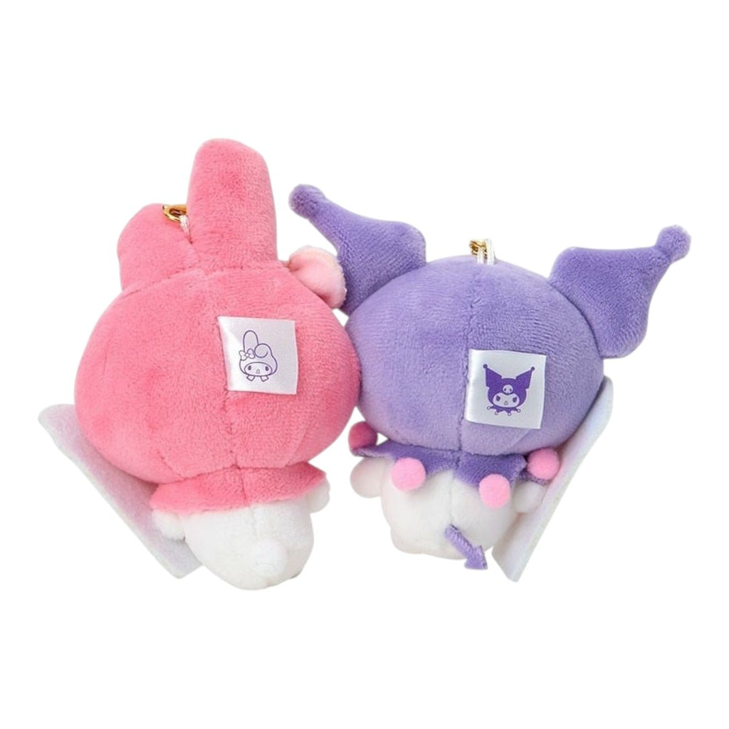 Twinkle Glory Sanrio My Melody and Kuromi plush keychains showing back view with character tags