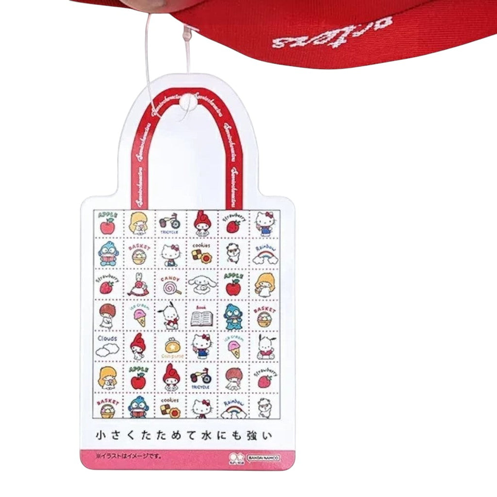Twinkle Glory Sanrio characters reusable bag tag featuring a grid of cute icons like Hello Kitty and My Melody.