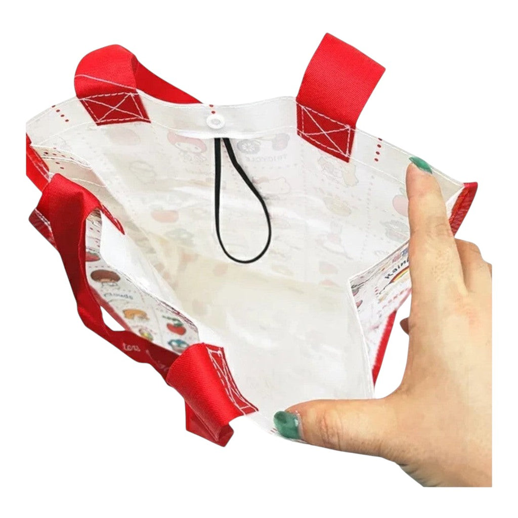 Twinkle Glory Sanrio characters reusable polyester bag with white interior and vibrant red handles