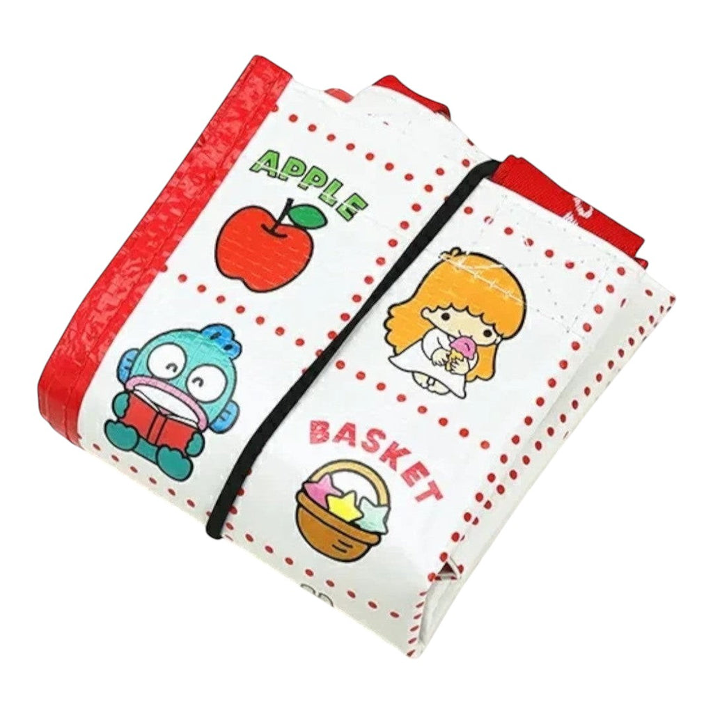 Twinkle Glory reusable polyester bag featuring a white base with red polka dots and various Sanrio character icons.