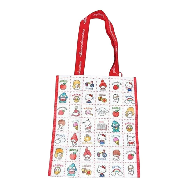 Twinkle Glory Sanrio characters reusable polyester tote bag with a white grid pattern and red handles.