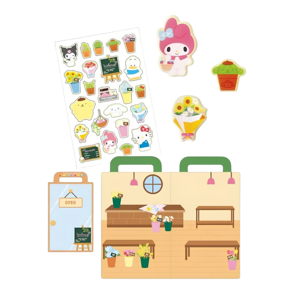 Twinkle Glory Sanrio Characters Enjoy Sticker Set featuring Hello Kitty, My Melody, Kuromi, Cinnamoroll, Pompompurin, Hangyodon, with floral and cupcake designs.