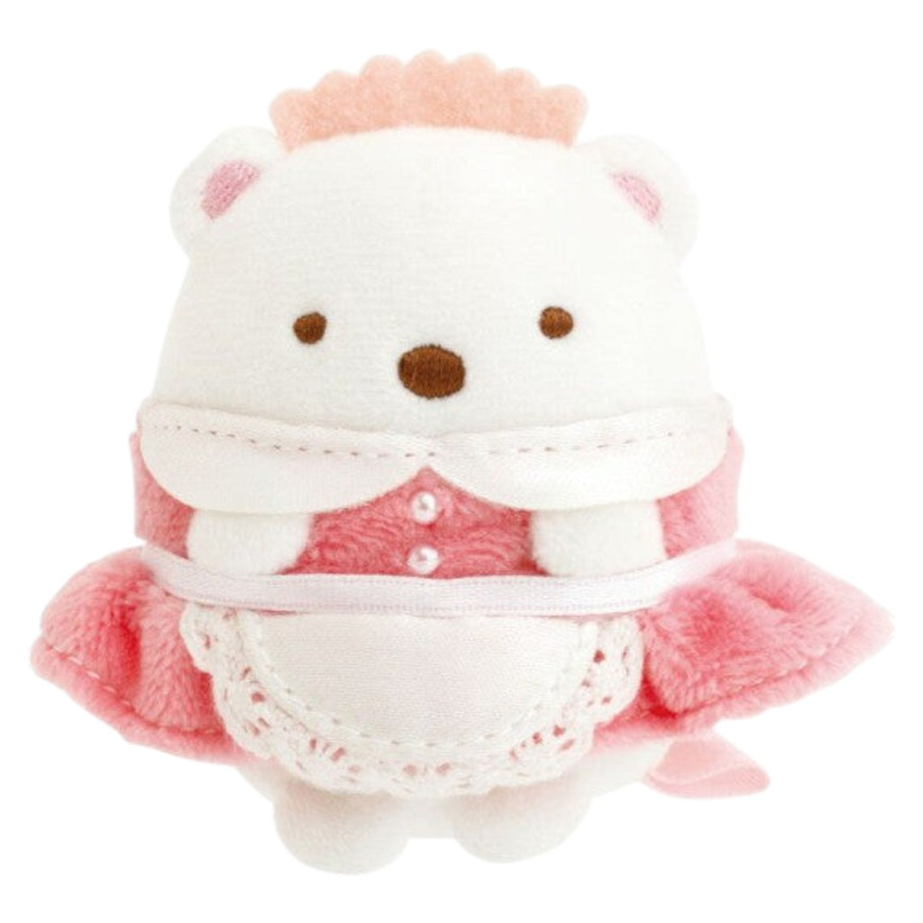 Twinkle Glory San-X Shirokuma plush dressed as a waitress in a pink fruit parlor outfit with lace apron details