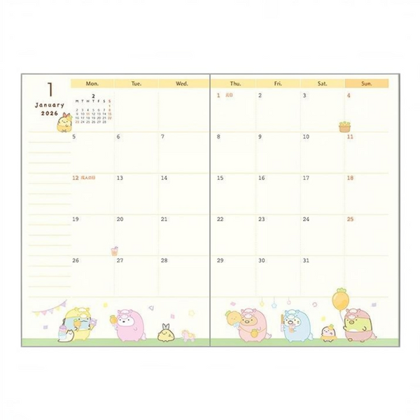 Twinkle Glory San-X Sumikko Gurashi 2026 A6 monthly planner diary open to January with cute crane game illustrations