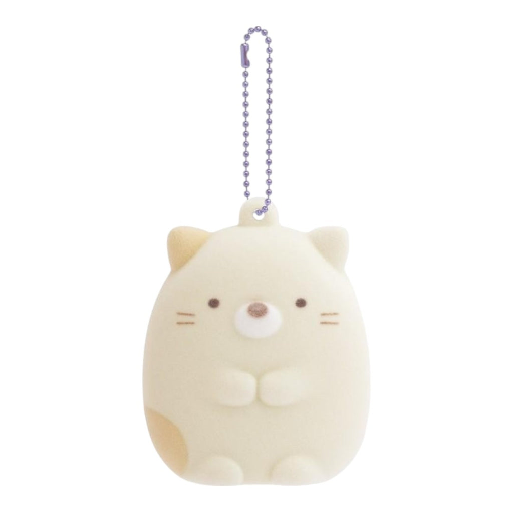 Twinkle Glory San-X Sumikko Gurashi Neko flocked keychain in cream with a soft velvety texture and ball chain