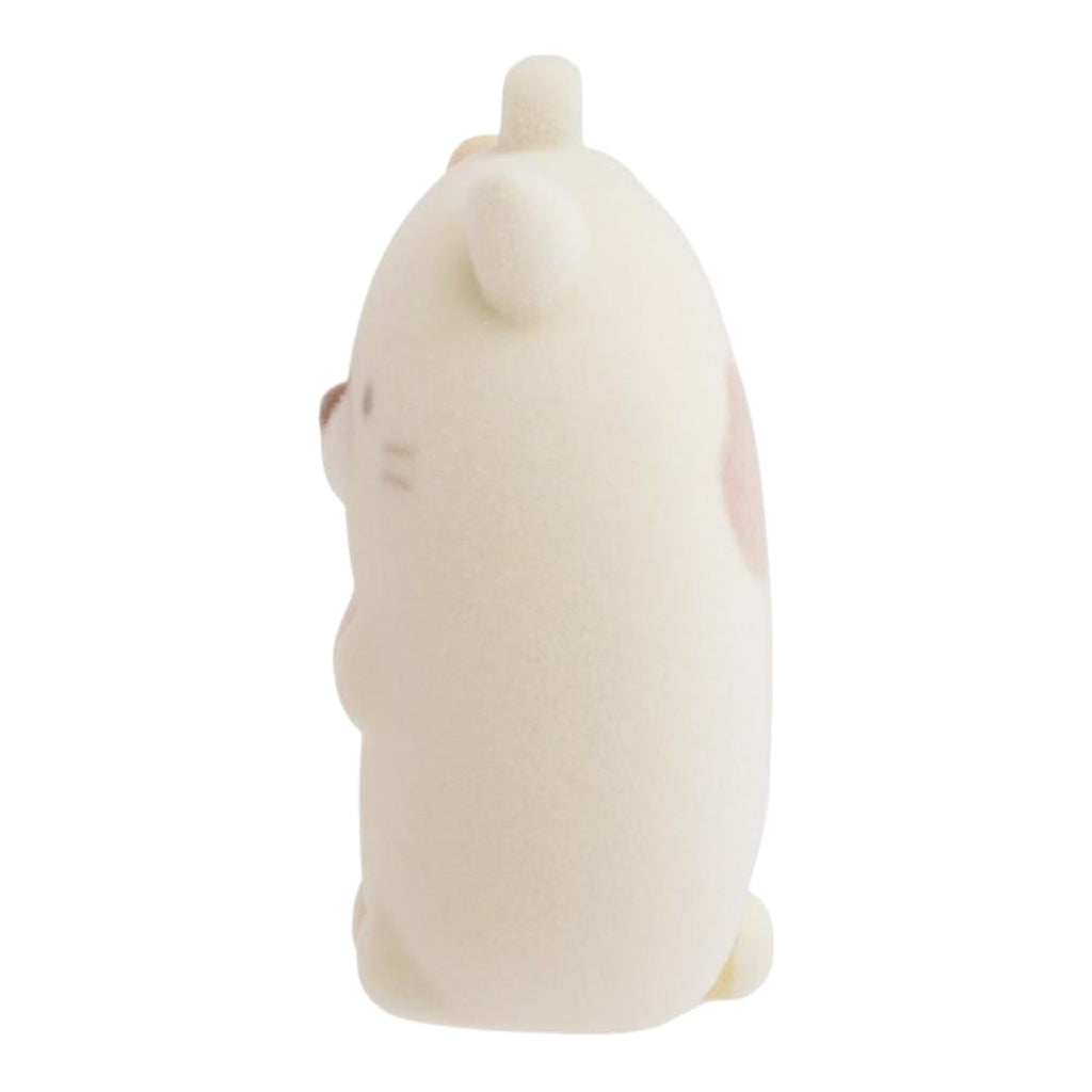 Twinkle Glory San-X Sumikko Gurashi Neko flocked keychain in a soft cream velvety finish, side view