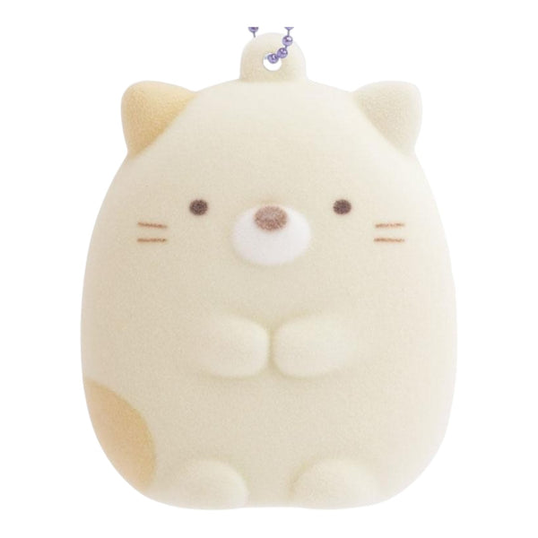 Twinkle Glory San-X Sumikko Gurashi Neko flocked keychain with a soft velvety cream finish and purple ball chain