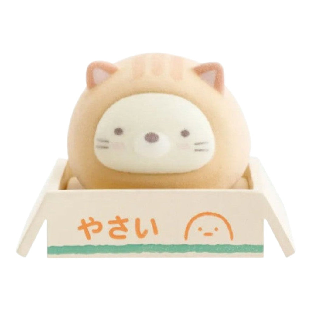 Twinkle Glory San-X Sumikko Gurashi Neko plush in a cat costume sitting in a small cardboard box