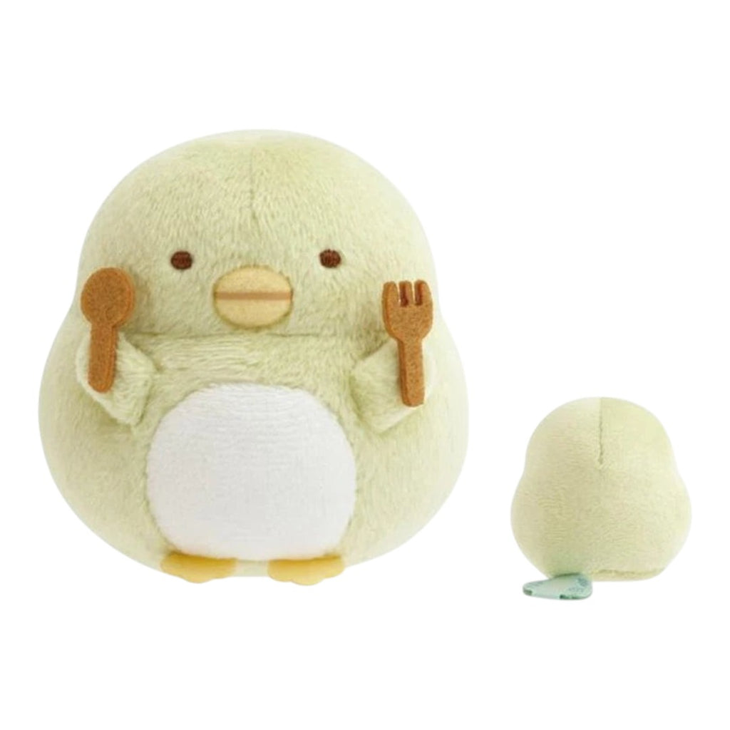 Twinkle Glory San-X Sumikko Gurashi Penguin? Tenori plush holding a fork and spoon, soft polyester restaurant toy.