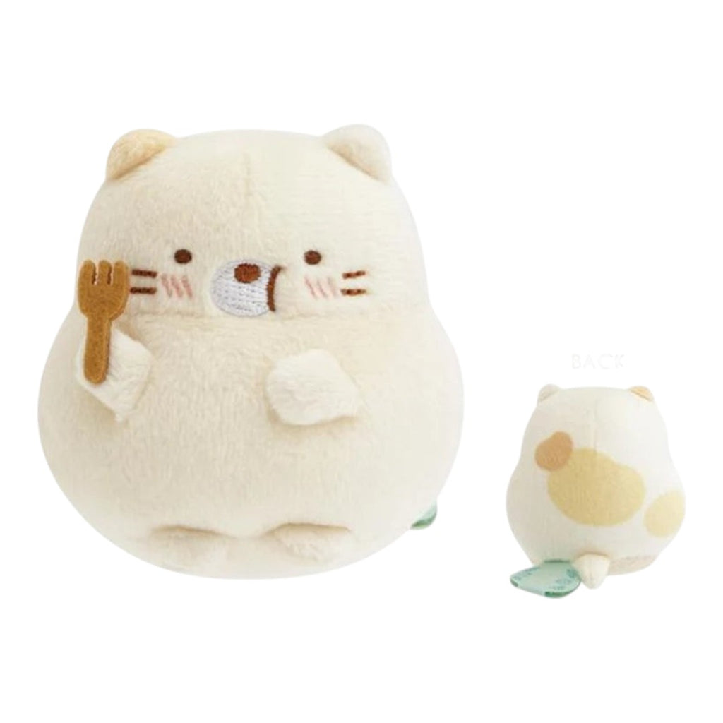 Twinkle Glory San-X Sumikko Gurashi Tenori plush of Shirokuma holding a fork, featuring soft polyester fabric.