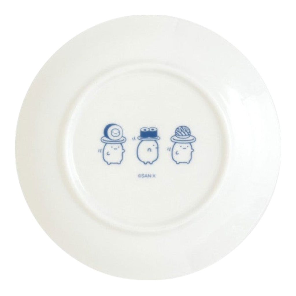 Twinkle Glory San-X Sumikko Gurashi porcelain plate featuring blue sushi character illustrations on white ceramic