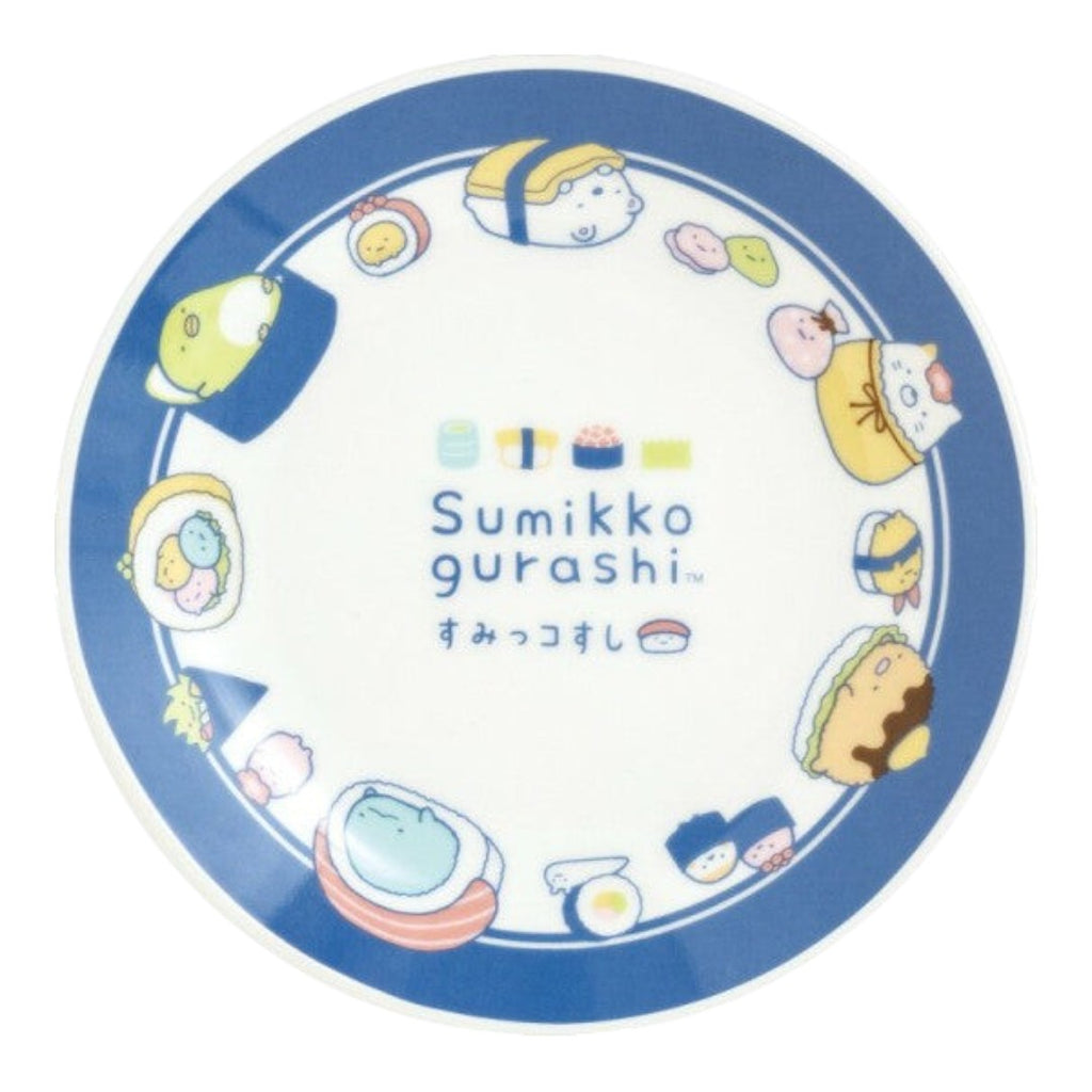 Twinkle Glory San-X Sumikko Gurashi Anytime Sushi porcelain plate with blue character border and central logo
