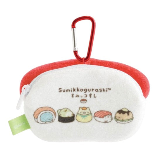 Twinkle Glory San-X Sumikko Gurashi plush sushi tuna pouch with a red carabiner clip and zippered closure.