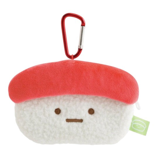 Twinkle Glory San-X Sumikko Gurashi tuna sushi plush pouch with a red carabiner clip for bags and keys.
