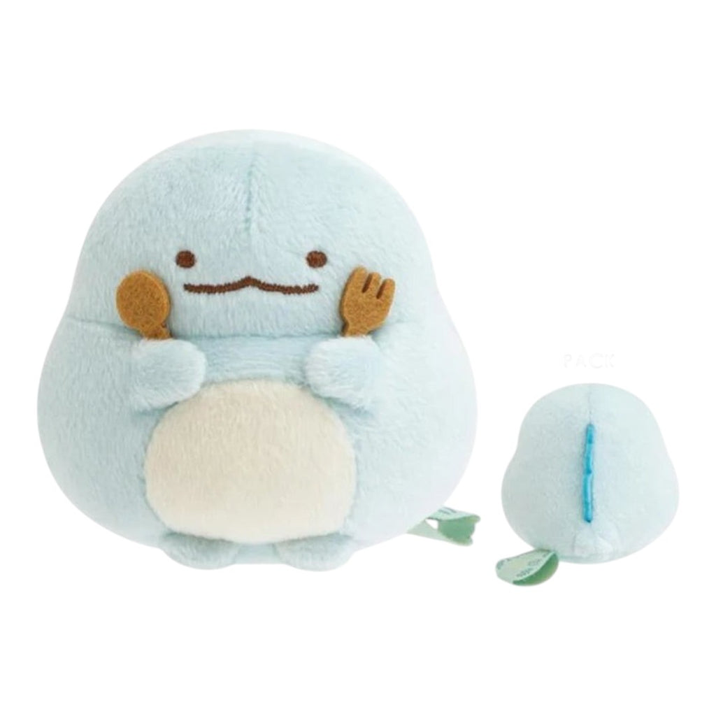 Twinkle Glory San-X Sumikko Gurashi Tokage restaurant plush holding a fork and spoon, soft blue polyester toy.