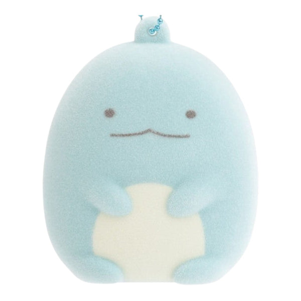 Twinkle Glory San-X Sumikko Gurashi Tokage flocked keychain in light blue with a soft velvety texture and ball chain